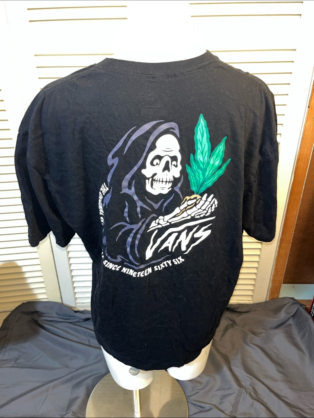 Vans Black Short-Sleeve Tee with Purple Hooded Reaper and Green Leaf Graphic